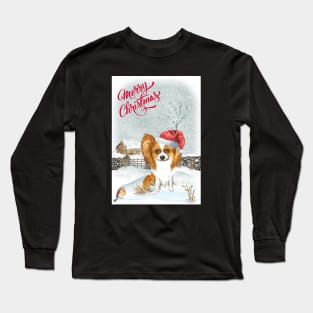 Cute Papillon Merry Christmas Santa Dog Long Sleeve T-Shirt